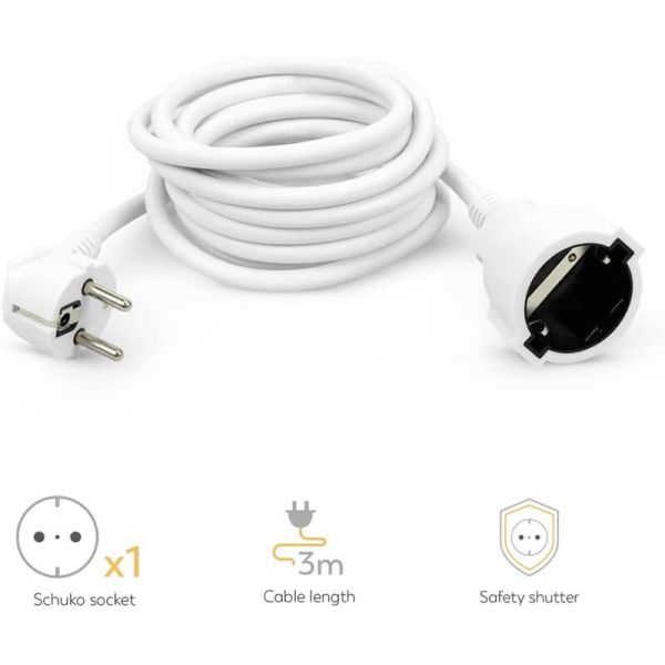 Rallonge électrique Garza de 3 mètres avec connexion à la terre blanche 16 A