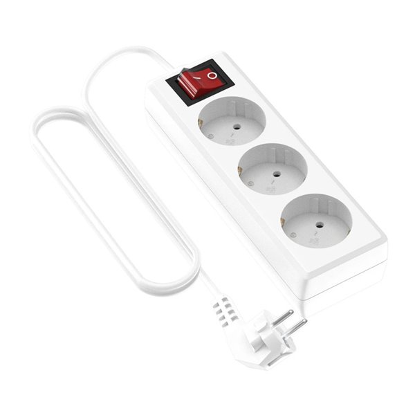 Base Múltiple Blanca 3 Tomas Schuko Interruptor - 1.4M Protección Infantil