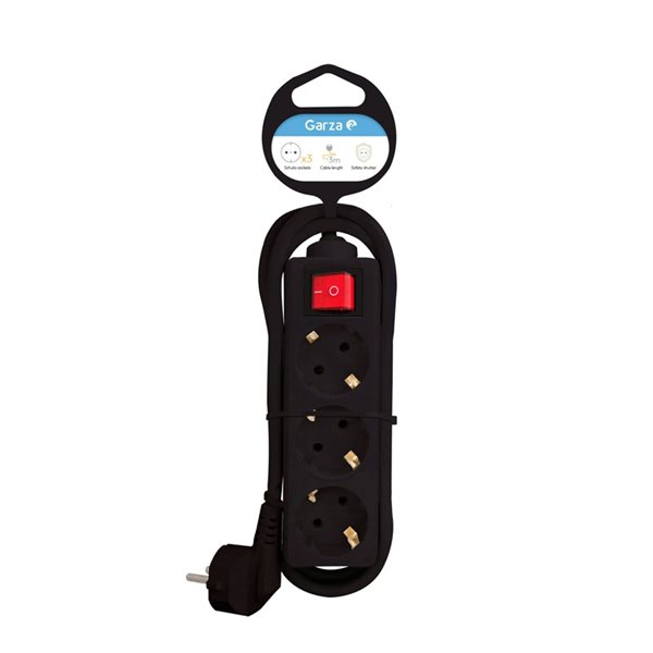 Base Múltiple Negro 3 Tomas Schuko Interruptor - 1.4M Protección Infantil