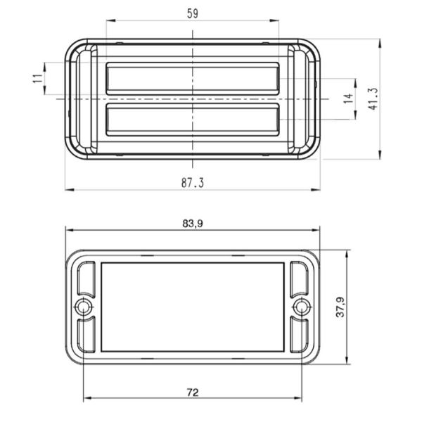 Dimensions Barre LED double Mini stroboscope Ambre Double Flash XA1 EMC R10 IP68 12V 24V 2469 W284