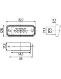 Dimensions de l'éclairage de plaque d'immatriculation à LED HELLA 2KA 010 278-411 12 V avec connecteur plat John Deere E1 00