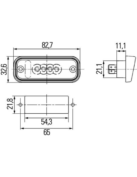 Medidas da luz de placa de LED HELLA 2KA 010 278-411 12V com conector de topo plano John Deere E1 00