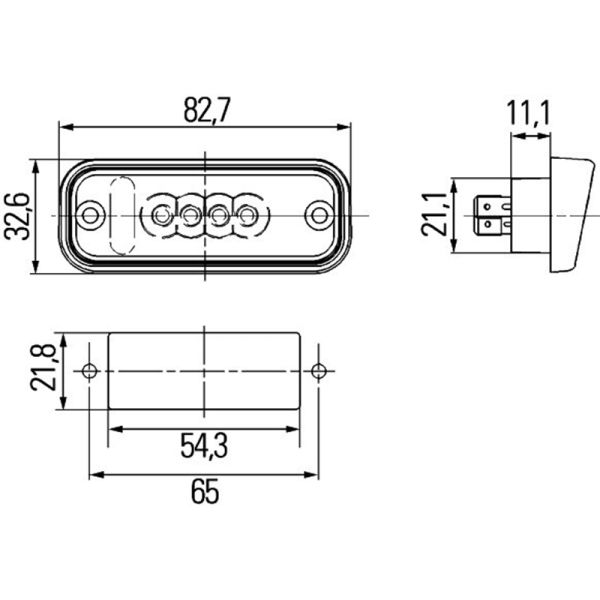 Medidas Piloto de Matrícula LED HELLA 2KA 010 278-411 12V con Conector Plano Superior John Deere E1 00