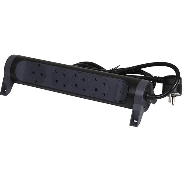 Base Multiple negra 4 tomas ransates fija y giratoria con 1,5Mts de Cable y Interruptor 2P+T, protegida sobretensiones