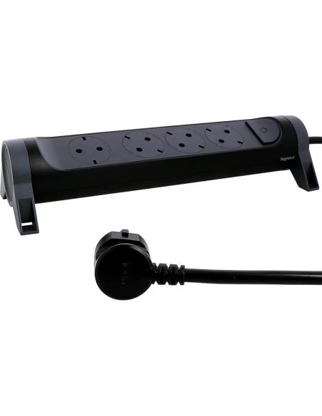 Prise multiple noire 4 prises fixes et rotatives avec 1,5 mètre de câble et interrupteur 2P + T, protégée contre les surtensions