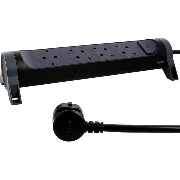 Base Multiple negra 4 tomas ransates fija y giratoria con 1,5Mts de Cable y Interruptor 2P+T, protegida sobretensiones