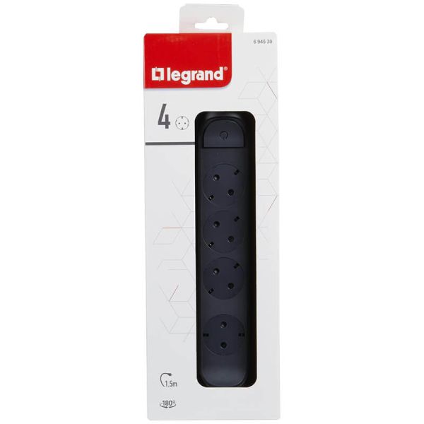 Caja Base Multiple negra 4 tomas ransates fija y giratoria con 1,5Mts de Cable y Interruptor 2P+T, protegida sobretensiones