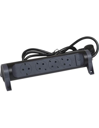 Prise multiple noire 4 prises fixes et rotatives avec 1,5 mètre de câble et interrupteur 2P + T, protégée contre les surtensions