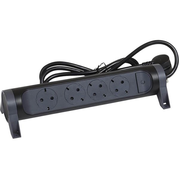 Base Multiple negra 4 tomas ransates fija y giratoria con 1,5Mts de Cable y Interruptor 2P+T, protegida sobretensiones
