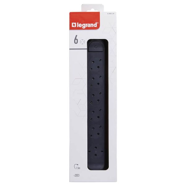 Base Múltiple Legrand 6 Tomas 2P+T con Interruptor Fija y Giratoria Cable 1,5m Negra