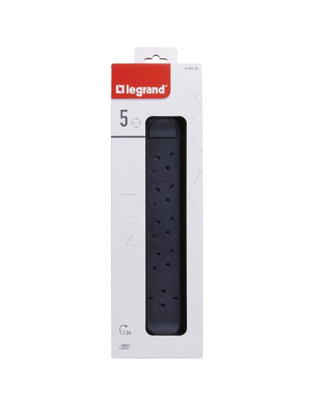 Caja Base Múltiple Legrand 5 Tomas 2P+T Fija y Giratoria con Interruptor 1,5m Negra