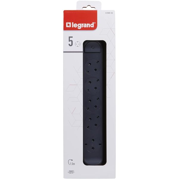Caja Base Múltiple Legrand 5 Tomas 2P+T Fija y Giratoria con Interruptor 1,5m Negra