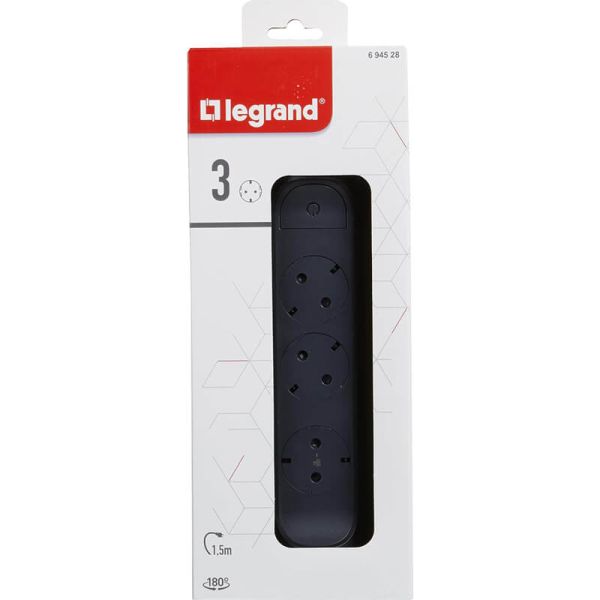 Caja Base Múltiple Legrand Fija y Giratoria 3 Tomas 2P+T con Interruptor 1,5m Negra