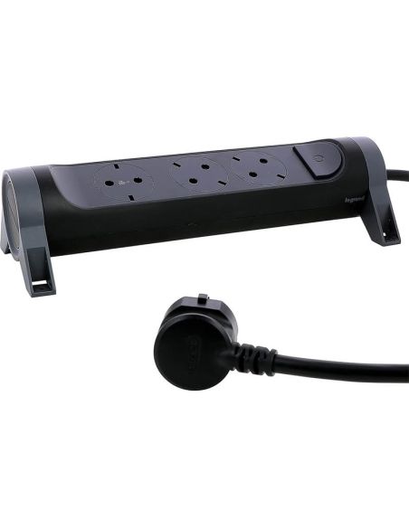 Enchufe Plano Base Múltiple Legrand Fija y Giratoria 3 Tomas 2P+T con Interruptor 1,5m Negra