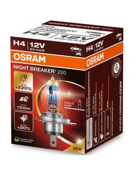 Lâmpada H4 muito potente Night Breaker 220 + 220% 64193NB200 Caixa de papelão