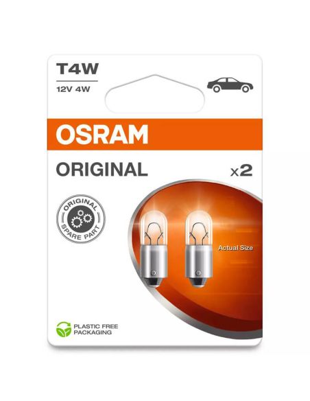 Lampe auxiliaire OSRAM ORIGINAL T4W 12V 4W BA9s – Remplacement économique pour motos ou voitures 2 unités.