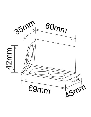Spot LED retangular embutido 2L branco BLAU, 68x45mm com recorte 60x40mm, 6W 360Lm 3000K