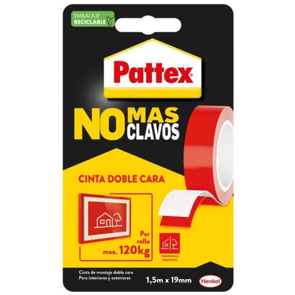 PATTEX No Más Clavos Cinta Doble Cara 1,5m x 19mm Extra Fuerte | Interior y Exterior