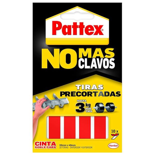 PATTEX No Más Clavos Cinta Doble Cara en Tiras 20x40mm (10 uds) Extra Fuerte | Interior y Exterior