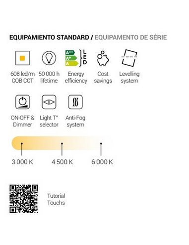Miroir de salle de bain MENORCA Triple Touch rétroéclairé par LED avec cadre noir, CCT 3000K-4500K-6000K et antibuée IP44