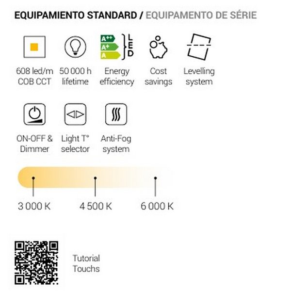 Espejo LED retroiluminado para baño con marco negro MENORCA Triple Touch Táctil CCT 3000K-4500K-6000K y Antivaho IP44