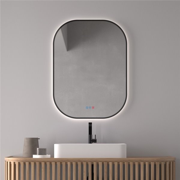 Miroir de salle de bain MENORCA Triple Touch rétroéclairé par LED avec cadre noir, CCT 3000K-4500K-6000K et antibuée IP44