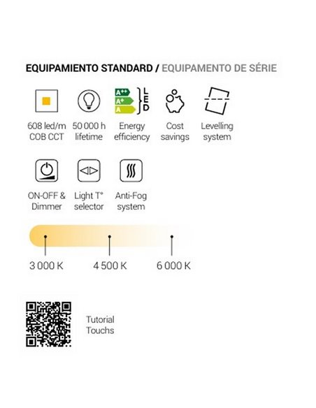 Espelho retroiluminado LED triplo toque GUADALUPE CCT 3000K-4500K-6000K e antiembaçante IP44