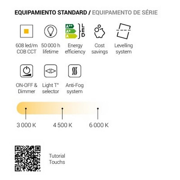 Espelho retroiluminado LED triplo toque GUADALUPE CCT 3000K-4500K-6000K e antiembaçante IP44