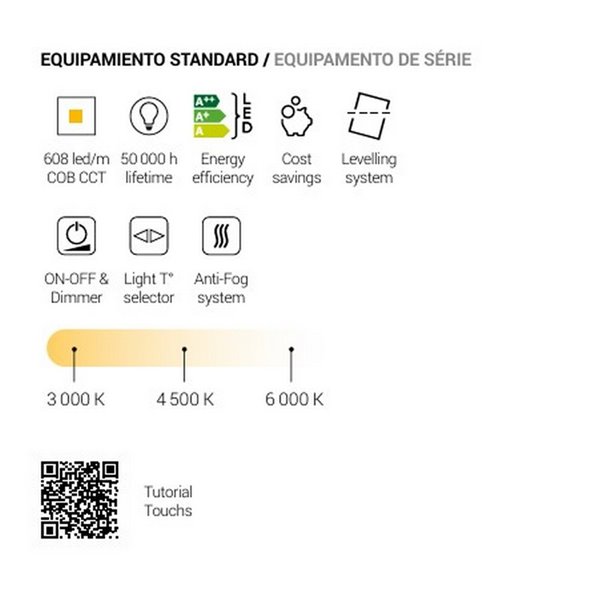 Espejo retroiluminado LED para baño ELCHE banda de luz frontal Triple Touch Táctil CCT 3000K-4500K-6000K y Antivaho IP44