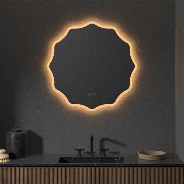 Miroir de salle de bain rétroéclairé LED ELCHE avec bande lumineuse frontale Triple Touch CCT 3000K-4500K-6000K et antibuée IP44