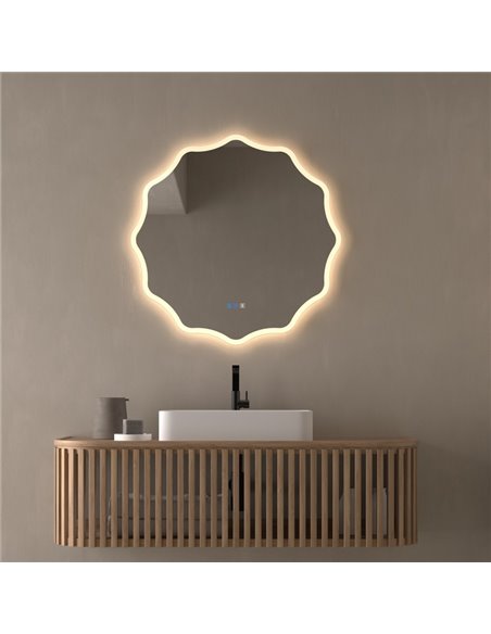 Miroir de salle de bain rétroéclairé LED ELCHE avec bande lumineuse frontale Triple Touch CCT 3000K-4500K-6000K et antibuée IP44