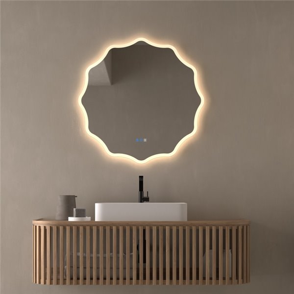 Miroir de salle de bain rétroéclairé LED ELCHE avec bande lumineuse frontale Triple Touch CCT 3000K-4500K-6000K et antibuée IP44