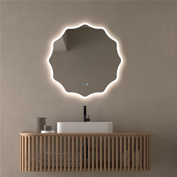 Miroir de salle de bain rétroéclairé LED ELCHE avec bande lumineuse frontale Triple Touch CCT 3000K-4500K-6000K et antibuée IP44