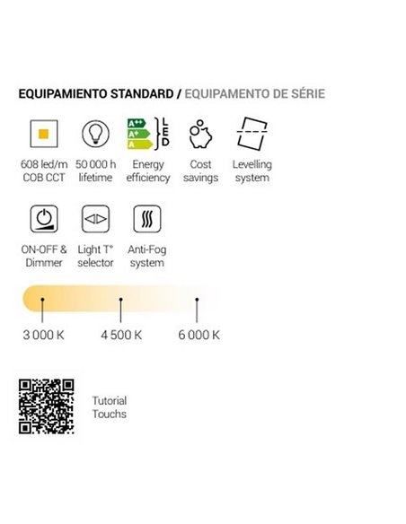 Miroir de salle de bain rétroéclairé à LED QUITO Triple Touch avec cadre doré, CCT 3000K-4500K-6000K et antibuée IP44