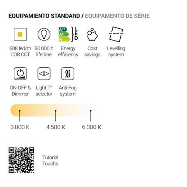 Miroir de salle de bain rétroéclairé à LED QUITO Triple Touch avec cadre doré, CCT 3000K-4500K-6000K et antibuée IP44