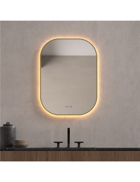 Miroir de salle de bain rétroéclairé à LED QUITO Triple Touch avec cadre doré, CCT 3000K-4500K-6000K et antibuée IP44