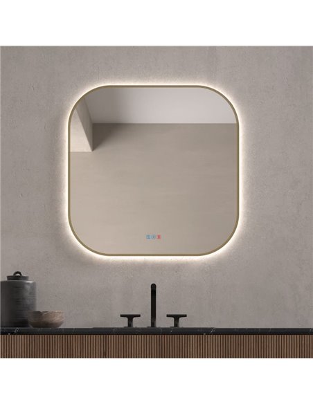 Miroir de salle de bain rétroéclairé à LED QUITO Triple Touch avec cadre doré, CCT 3000K-4500K-6000K et antibuée IP44