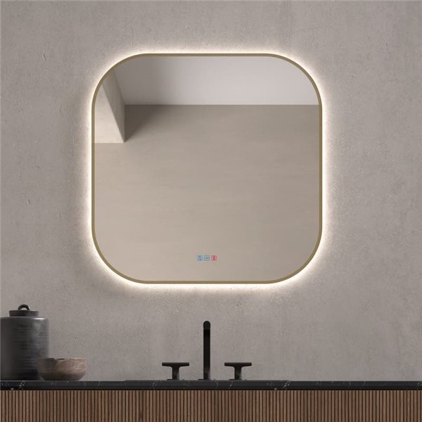 Miroir de salle de bain rétroéclairé à LED QUITO Triple Touch avec cadre doré, CCT 3000K-4500K-6000K et antibuée IP44