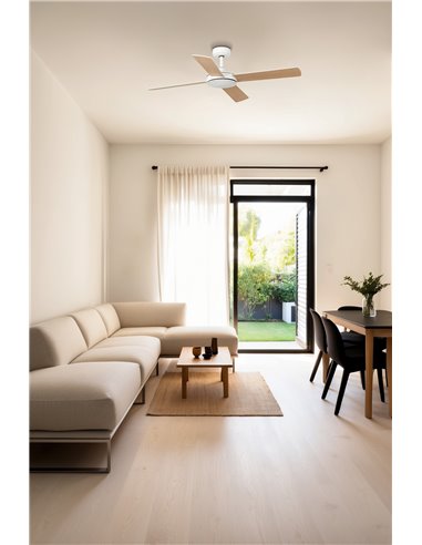 Ventilador de techo MALLORCA L con control inteligente TUYA, 40W blanco/arce mando, Ø132 cm, 4 palas