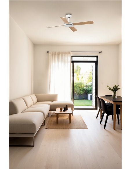 Ventilador de techo MALLORCA L con control inteligente TUYA, 40W blanco/arce mando, Ø132 cm, 4 palas