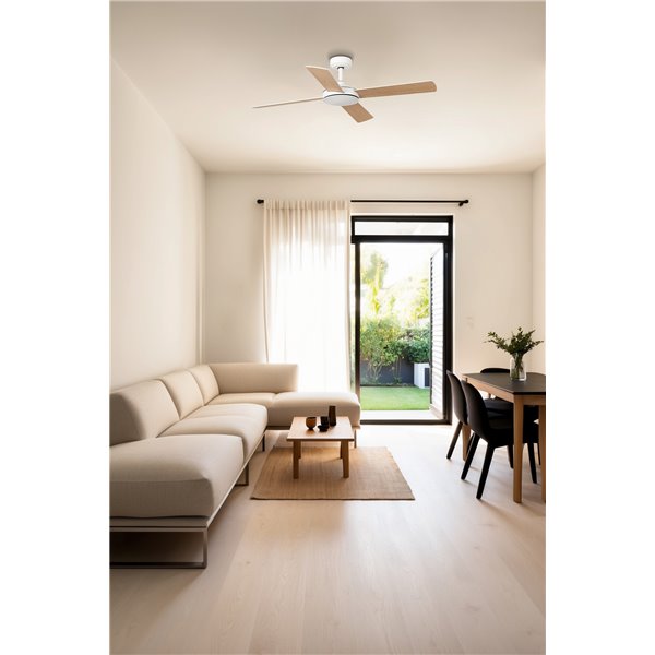 Ventilador de techo MALLORCA L con control inteligente TUYA, 40W blanco/arce mando, Ø132 cm, 4 palas