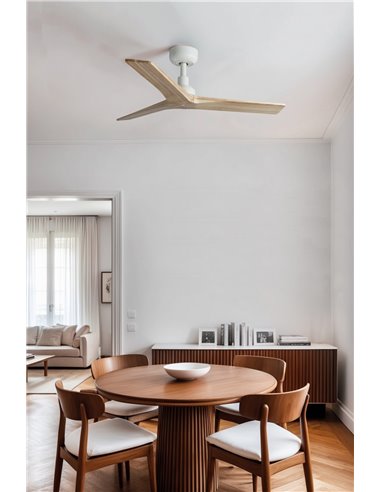 Ventilador sin luz KLIM S con mando y app TUYA, blanco con palas madera roble claro, Ø925mm, 28W