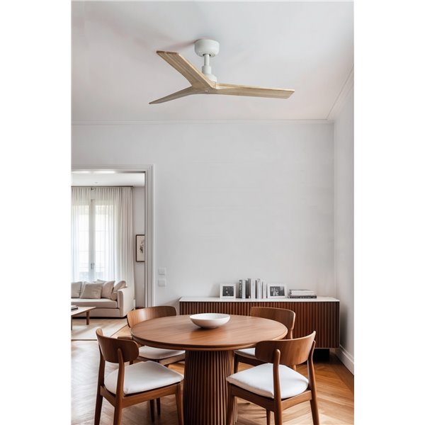 Ventilador sin luz KLIM S con mando y app TUYA, blanco con palas madera roble claro, Ø925mm, 28W