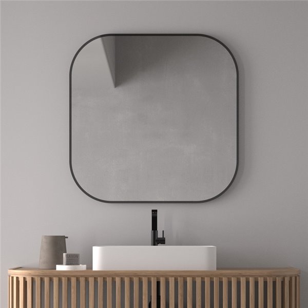 Miroir Malte non éclairé avec coins arrondis, cadre noir mat, différentes tailles