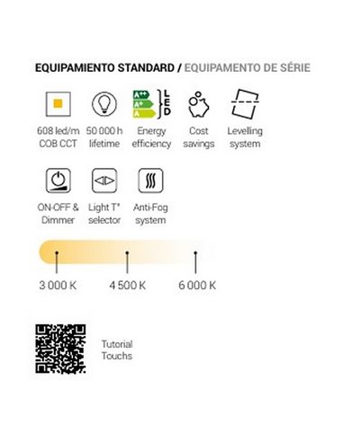 Espejo LED retroiluminado IDRIA para baño Triple Touch Táctil CCT 3000K-4500K-6000K y Antivaho IP44