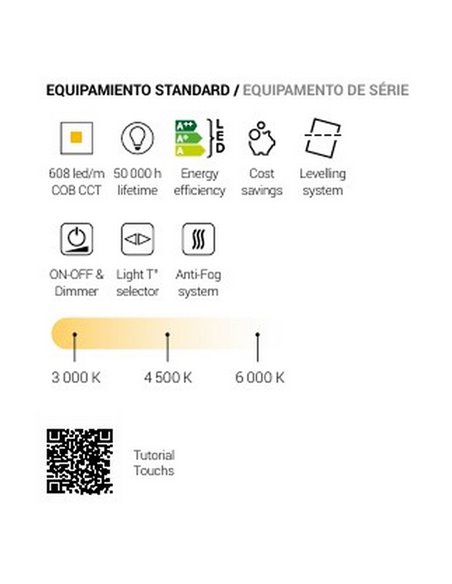 Miroir de salle de bain LED rétroéclairé IDRIA Triple Touch CCT 3000K-4500K-6000K et antibuée IP44