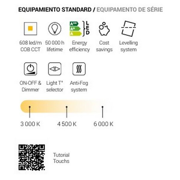 Espejo LED retroiluminado IDRIA para baño Triple Touch Táctil CCT 3000K-4500K-6000K y Antivaho IP44