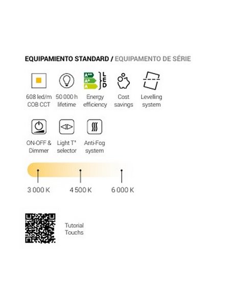 Miroir rétroéclairé LED Triple Touch MUDEJAR avec plusieurs positions, CCT 3000K-4500K-6000K et antibuée IP44