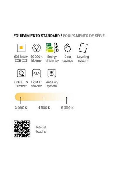 Miroir LED avec éclairage frontal et rétroéclairé, TARRAGONE, 80x70cm, Triple Touch, CCT 3000K-4500K-6000K et antibuée, IP44