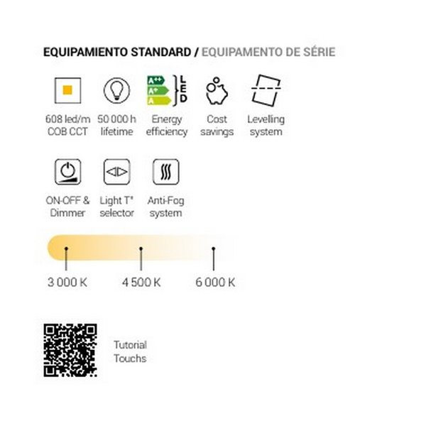 Espelho LED com luz frontal e traseira, TARRAGONA, 80x70cm, Triple Touch, CCT 3000K-4500K-6000K e antiembaçante, IP44